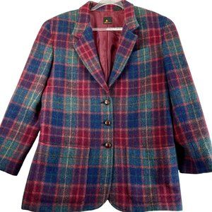 Vintage Womens 10 Red Blue Green Plaid Wool Long Heavy Blazer Jacket Pockets